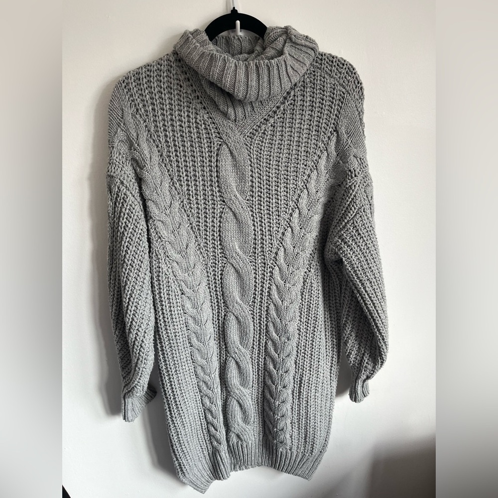 Unbranded Women Turtleneck Sweater Heavy Cable Knit Dress - Light Gray - S Small